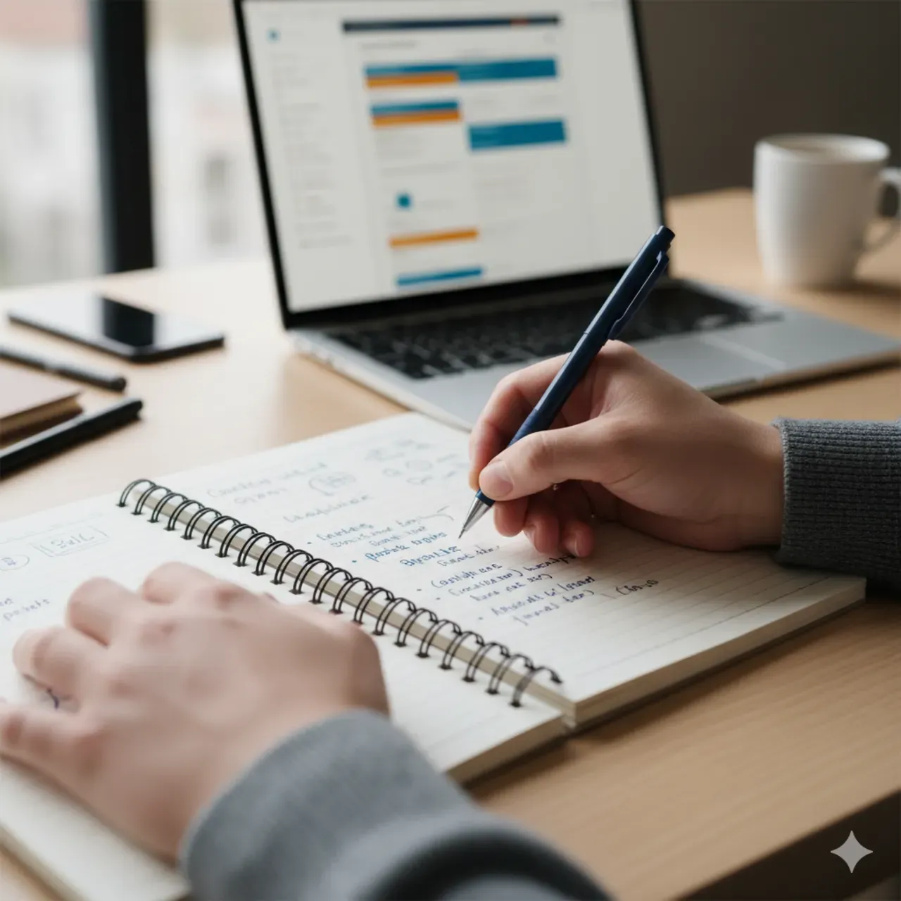 Persoon schrijft in boekje